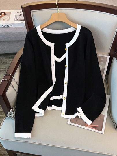 GlowEve CURVE 2件套：优雅撞色饰边大码针织开衫和背心