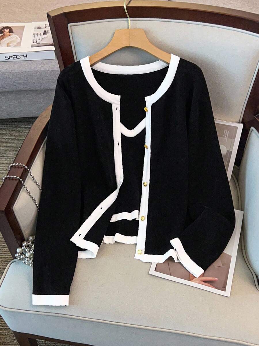 GlowEve CURVE 2件套：优雅撞色饰边大码针织开衫和背心