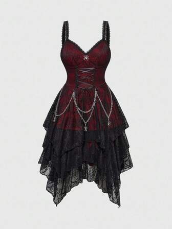 Halloween Goth Detachable Metal Chain Strap Waist Asymmetrical Layered Hem Spider Web Mesh Women Dress