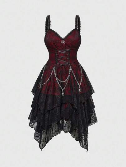 Goth Abito da donna con catena metallica rimovibile, vita asimmetrica a strati, orlo a rete a ragnatela, stile gotico di Ognissanti