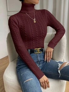 RosyDaze Women's Solid Color High Neck Regular Shoulder Long Sleeve Casual Cable Knit Pullover Sweater - Burgundy - View 4