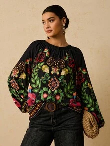 Travachic Plus Size Women's Black Tropical Floral Print Round Neck Long Sleeve Shirt, Button Front Loose Blouse Boho Blouses Peasant Blouse Bohemian Top Lantern Sleeve Blouse Cozy Fall And Winter Clothes For Women Black Tops