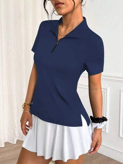 Easithlete Summer Casual Solid Color Short Sleeve Side Slit Sports Polo Shirt