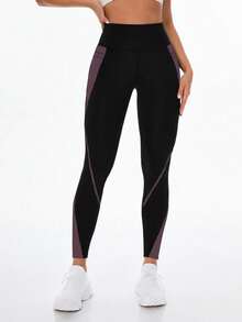 SHEIN Sports 女式高腰弹力撞色手机口袋运动紧身裤 - 彩色 - 查看 5
