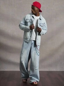 PAVTROS Conjunto de chaqueta y jeans de Manfinity Men Streetrush, con diseño de jacquard lavado y desgastado, para todas las estaciones, ropa de otoño unisex para Halloween y Día de Todos los Santos - Azul - Ver 3