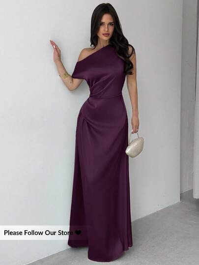 Firerie Vestido elegante asimétrico de hombro con pliegues y bajo de cola de sirena en color verde, adecuado para citas, vacaciones, bodas, eventos, regreso a la escuela, graduación, vestido de dama de honor formal, vestidos elegantes para mujer