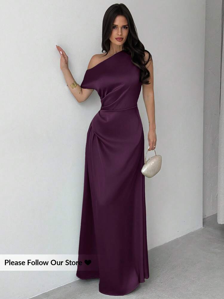 Firerie Women's Dark Purple Summer Elegent Dining Asymmetric Shoulder  Ruched Mermaid Hem Dress,Formal Bridesmaid Dress For  Wedding,Graduation,Vacation,Events - Product Video