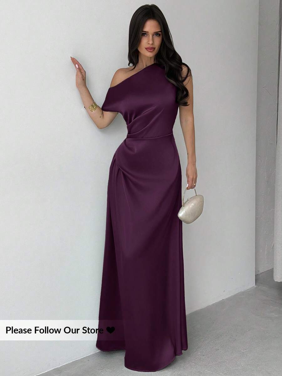 Firerie 女士绿色优雅不对称肩部褶皱鱼尾连衣裙，适合约会、度假、婚礼、活动、返校、毕业典礼、正式伴娘礼服等场合，尽显优雅气质。