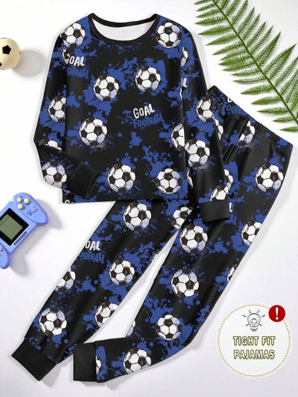1 Set Teenager Jungen Eng anliegende Pyjama Set, Grafik Fußball Muster Langarm Oberteil und lange Hose, Frühling/Herbst