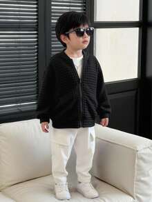 SHEIN Young Boy Zip Up Textured Bomber Jacket,In Fall/Winter - Black - View 3