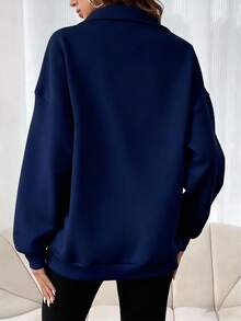 INAWLY Women's Navy Blue Solid Color Stand Collar Half Zip Sweatshirt - Navy Blue - View 2