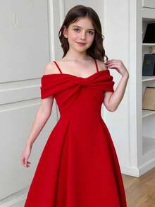 Girlism 青少年女孩红色露肩吊带大束腰喇叭裙圣诞派对连衣裙 - 酒紅色 - 查看 3