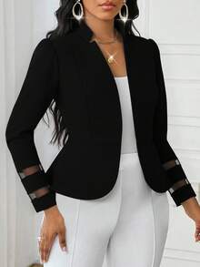 SHEIN Lady 女士纯色泡泡袖拼接网眼袖口优雅前开式收腰夹克，春秋季女士冬季夹克女士秋季服装女士秋季服装女士秋季服装 - 黑色 - 查看 3