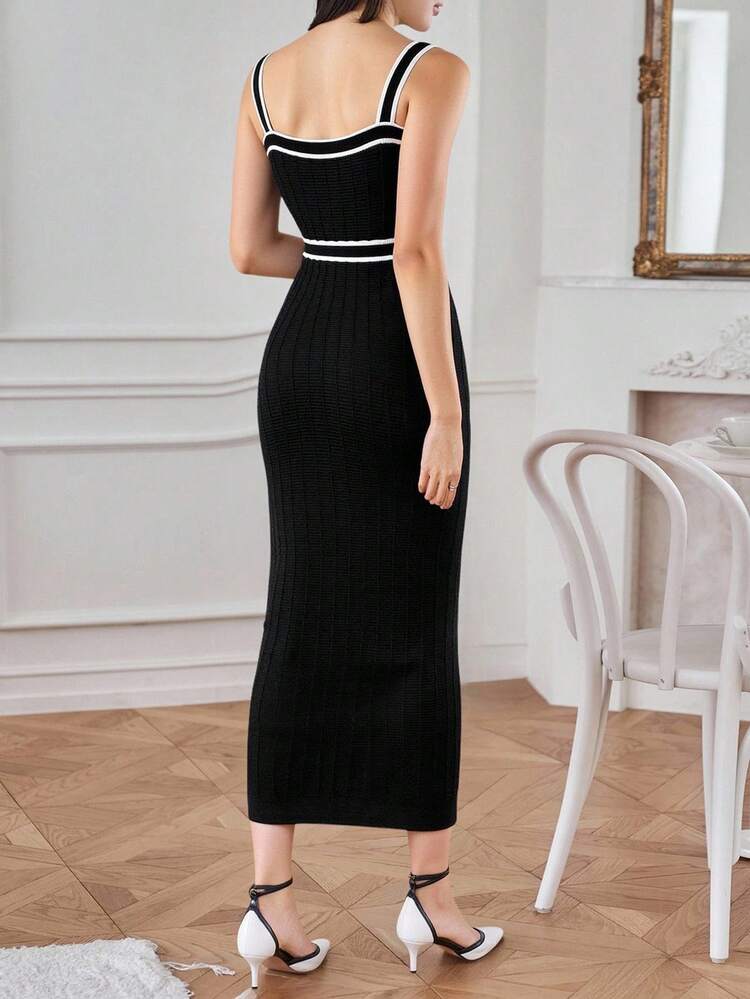 Women's Elegant Square Collar Sleeveless Contrast Trim Sweater Dress, Autumn Maxi Dress