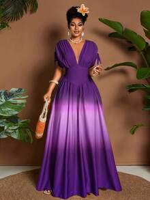 Eryvara 女士优雅浪漫渐变印花领结 V 领 A 字长裙，百搭设计，适合外出、海滩、音乐节、婚礼宾客毕业装商务休闲波西米亚风抽绳领结松紧腰度假旅行春夏秋季 A 字长裙 - 紫色 - 查看 6