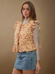 WESTFADE Round Neck Flutter Sleeve Bow Tie Front Ruffle Peplum Sleeveless Floral Puffer Vest Top Fall, Autumn, Winter