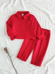 SHEIN Playful Pals 2 件女婴休闲长袖上衣 + 卡其色裤子套装，适合外出或居家休闲 - 紅色 - 查看 1