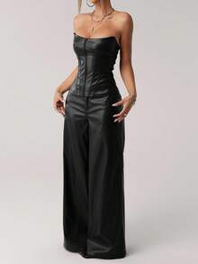 SHEIN ICON 2pcs Women's PU Crop Top And Wide Leg Pants Set, Casual & Sexy Fall Women Clothes Strapless Jumpsuits For Woman Leather Tube Top Tube Top Jumpsuit Leather Romper Black Leather Top - Black - View 5
