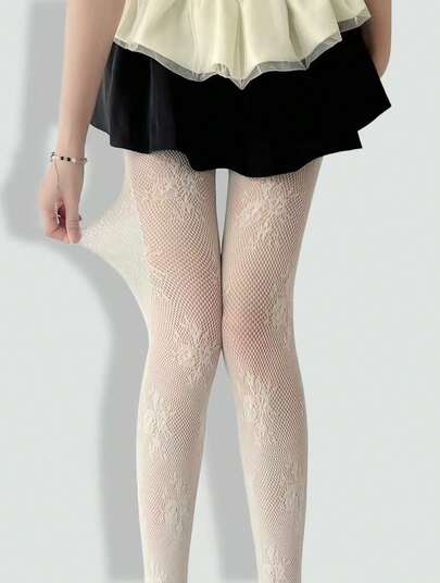 Kawaii White Floral High Elasticity Fishnet Pantyhose