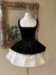 Lovelzi Women's Elegant Luxury Black & White Contrast Off-Shoulder Velvet Ruffle Bodycon Mini Dress,Suitable For Gala,Exhibition,Business Events,Party - Multicolor - View 2