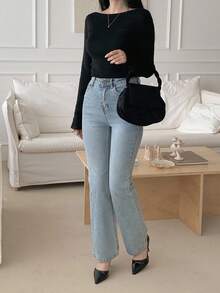 DAZY 1 件女士露肩修身针织毛衣，秋季长袖套头衫 - 黑色 - 查看 8