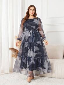 Graceveil Plus Size Long Sleeve Floral Print Mesh Arabic Style Dress - Black - View 6