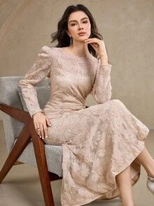 DAZY Robe mi-longue élégante à col rond en maille florale, manches bouffantes et ourlet en queue de poisson pour femmes