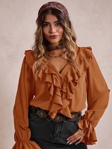 Freevana Blusa elegante y casual de cuello de jabot con volantes en las mangas para mujer de talla grande, para primavera/otoño