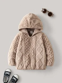 PrepCrw 1pc Young Boys Elegant Urban Versatile Comfortable Thermal Lined Warm Khaki Diamond Pattern Hooded Loose Jacket, Suitable For Casual, Outings, Gatherings, Christmas, Autumn, Winter Young Boys Hooded Zip Up Cover Up Fall Sweaters Young Boys Cardigans For Young Boys Sweaters With Hoodie Toddler Winter Clothes - Khaki - View 3