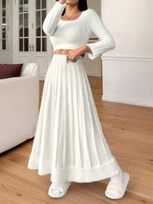 Elenzga Women's Elegant Ribbed Texture A-Line Faux Fur Ruffle Hem Skirt, Autumn/Winter - White - View 6