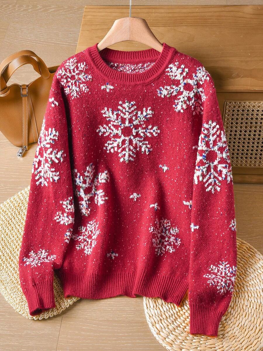 Rusticease 女士休闲雪花图案毛衣，秋冬乡村圣诞毛衣，新年秋冬毛衣 - 黑色 - 查看 1