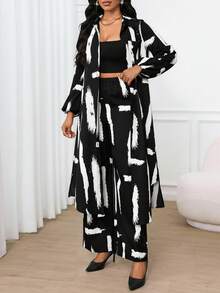 SHEIN Lady Conjunto de 2 piezas de camisa de manga obispo con bolsillo y pantalón, elegante y casual para primavera, verano, otoño e invierno, apto para vacaciones, iglesia, oficina y uso diario - Blanco y Negro - Ver 5