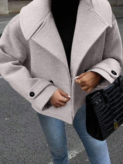 EMERY ROSE Women's Oversized Collar Decorated Button Long Sleeve Overcoat