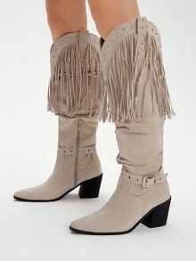Styleloop Women's Simple Slip-On Comfortable Wooden Heel Boots With Fringe Details, Suitable For Halloween, Christmas, Party, Music Festival, Autumn/Winter, Brown, Western/ Core - Apricot - View 3