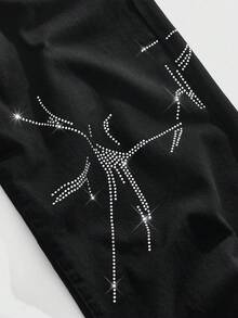 ROMWE MEN Street Life Men's Rhinestone Embellished Pocket Wide Leg Loose Casual Jeans, Grunge - Black - View 3