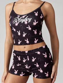 Missguided x Playboy Bunny Print Allover Two Piece Crop Top Shorts Set Festival Club Party Loungewear Summer Fashion Outfit - Multicolor - View 4