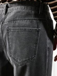 SUMWON 直筒宽松版型经典牛仔裤，带实用口袋，休闲日常，复古水洗，高级舒适 - 黑色 - 查看 7