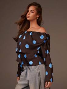 Athîral Women's Chocolate Brown & Blue Polka Dot Off-Shoulder Shirt,Elegant Silky Fabric,Relaxed Fit Ruffle Top For Autumn Brunch,Black Polka Dot Style - Multicolor - View 2