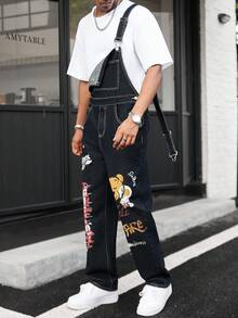 Manfinity EMRG Peto vaquero de ajuste holgado y relajado con estampado digital de dibujos animados retro y lindos de estilo americano