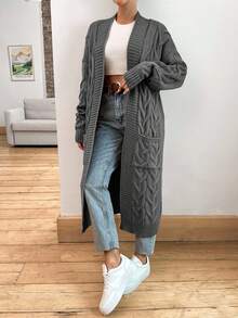 EURMUSE Cabel Pattern Patch Pocket Longline Thick Cardigan - Dark Grey - View 7