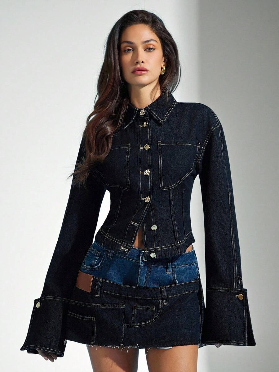 Denimoi Cinched Waist Exaggerated Cuffs Collared Denim Shirt - Dark Wash - View 1