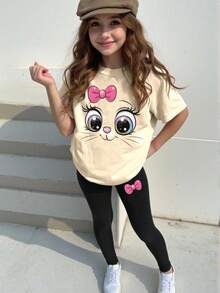 SHEIN Conjunto informal de 2 piezas de niña pequeña con camiseta de manga corta con estampado de gato y animales lindos, y leggings - Multicolor - Ver 3