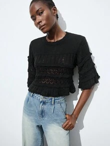 Maija 2025秋季女士短款披肩领荷叶袖针织上衣，商务休闲日常穿着，适合婚礼宾客、度假、海滩、办公室通勤、感恩节等场合，黑色荷叶袖针织上衣，镂空针织上衣，圣诞节女士必备 - 黑色 - 查看 6