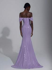 Elitara Elegant And Gorgeous Purple Sequined One-Shoulder Hand-Pleated Pearl Embellishment Fishtail Style Side High Slit Suitable For Wedding Events, Autumn And Winter Party Dresses, Wedding Guests, Women's Luxury Evening Dresses, Halloween And Christmas Dresses