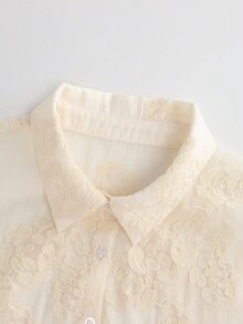 SHEIN LUNE 大码女式针织系带袖口长袖衬衫，复古风，夏季，90年代复古风，春假，伊比沙岛版型，海滩/海滩夏季波西米亚风复古风夏季春假锐舞节春假 - 淡黃色 - 查看 3