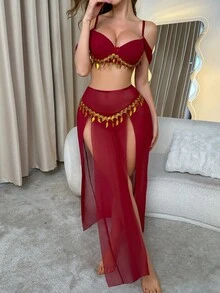 3pcs Christmas Mesh Lingerie Set (With Underwire Bra, G-String, Mini Skirt) - Burgundy - View 1