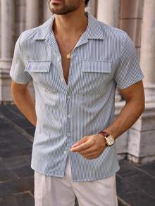 Mainfolk Men's Striped Pocket Decor Fitted Regular Shoulder Short Sleeve Casual Shirt - Blue and White - View 5