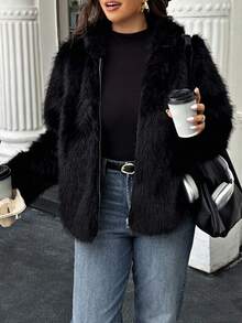 Easura 大码女式纯色长袖前拉链宽松仿皮草连帽夹克 - 黑色 - 查看 5