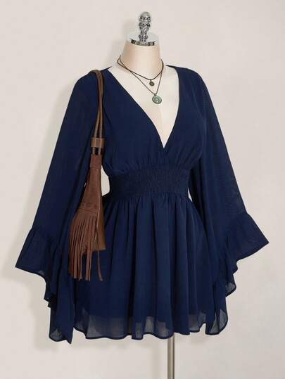 SHEIN ICON Women's Western Solid Color Deep Shirred Shirred Waist Flare Sleeve Fashionable Mini Dress Long Sleeve Blue Dress Lantern Sleeve Dress Navy Blue Dress Spring To Summer