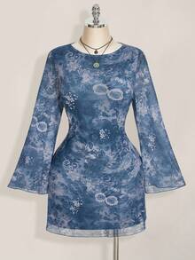 SHEIN ICON 大码女装秋季连衣裙，女士长袖连衣裙，Y2k 复古佩斯利网眼喇叭袖性感节日连衣裙，适合日常穿着 - 藍色 - 查看 3